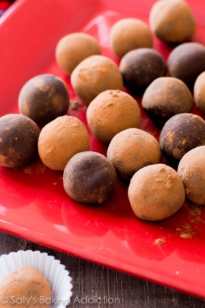 chocolate truffles on a red plate