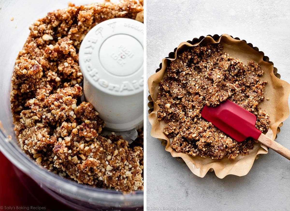 dates and nut mixture in food processor and shown again being pressed into lined tart pan.