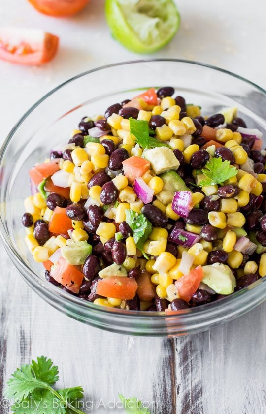 avocado corn salsa in a glass bowl