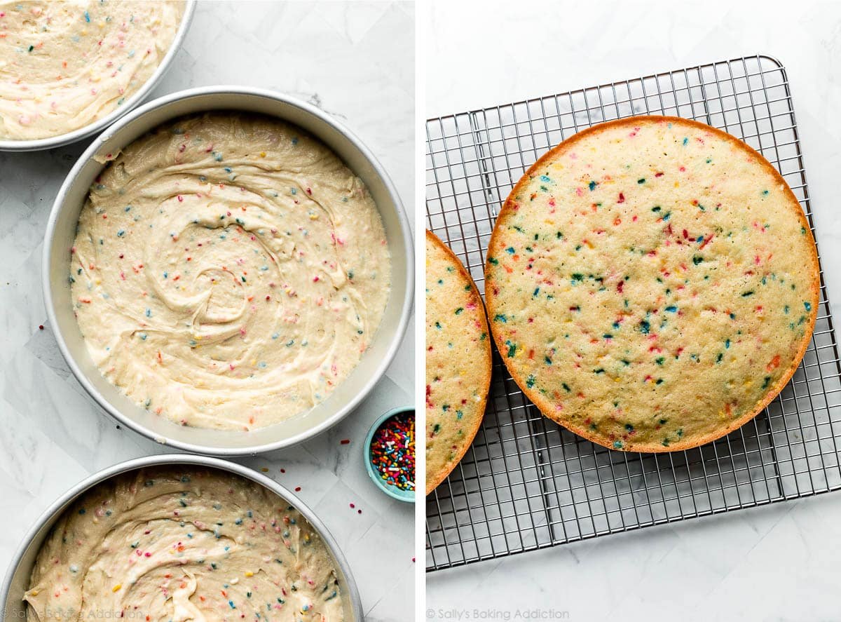 sprinkle cake batter in cake pans and baked cake shown on wire cooling rack.