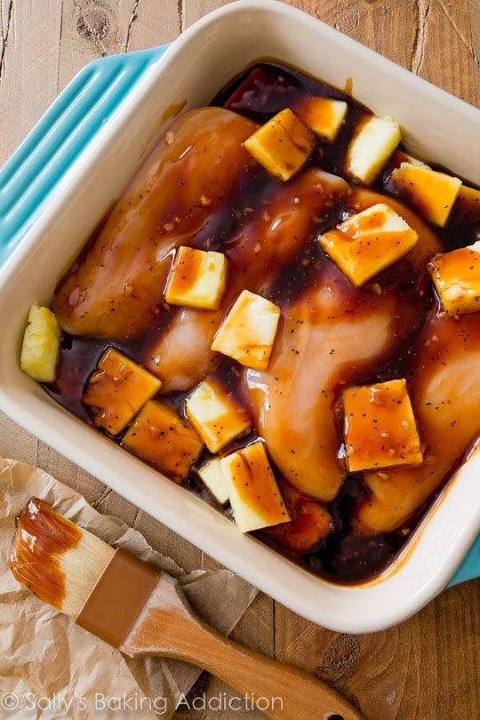 baked pineapple teriyaki chicken in a baking dish before baking