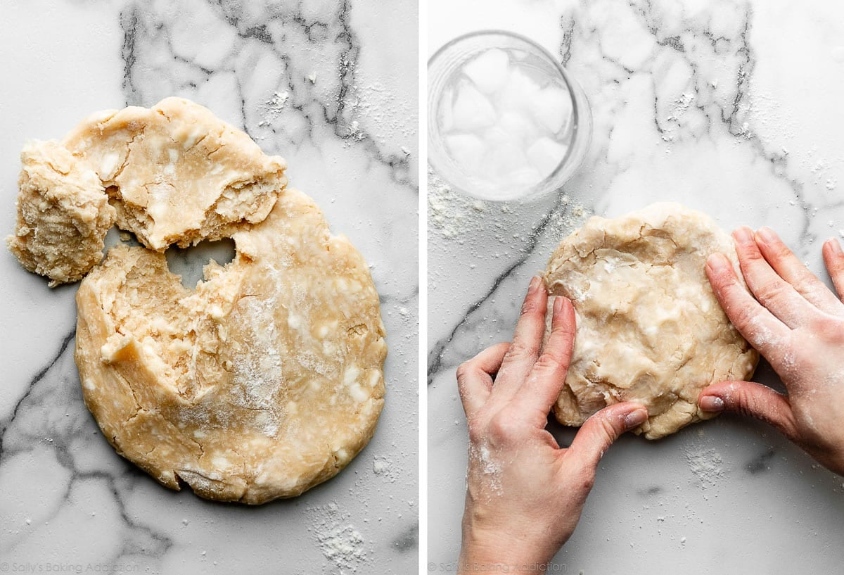 crumbling and cracking mass of dough on counter and another photo showing hands pressing the dough.