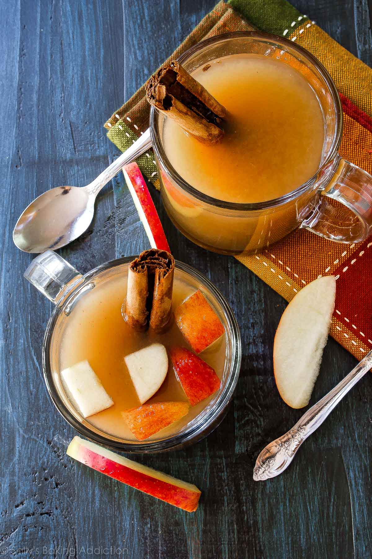 homemade apple cider in mugs with cinnamon sticks