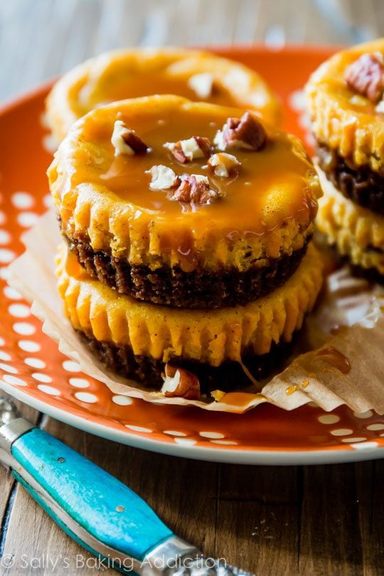 stack of salted caramel pumpkin cheesecakes on an orange and white plate