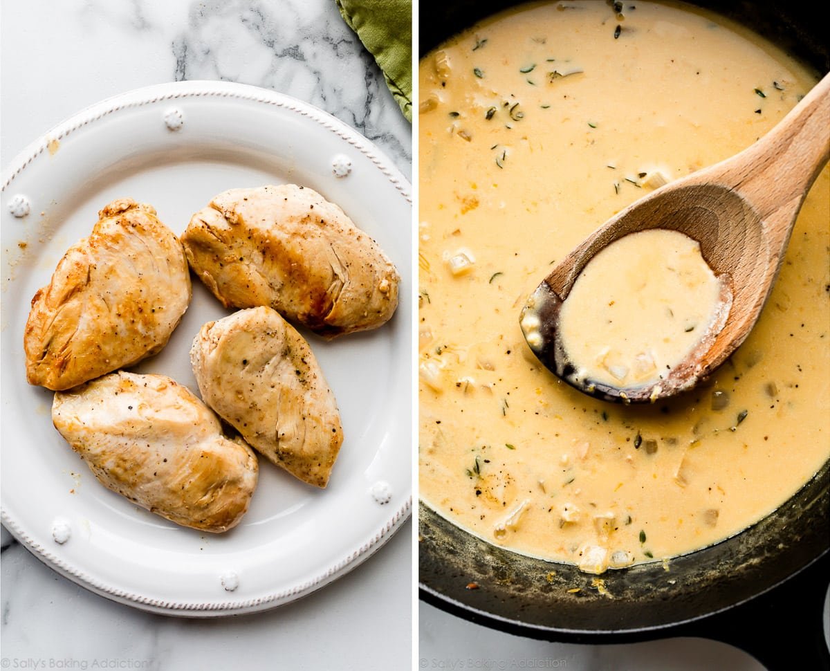 chicken breasts on white plate and lemon thyme sauce in skillet