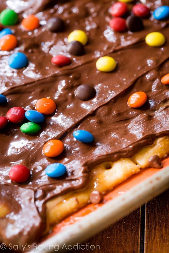 Saltine toffee on a baking sheet