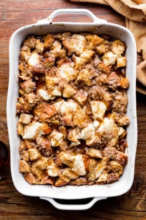 french toast casserole with sweet cream cheese and crumb topping