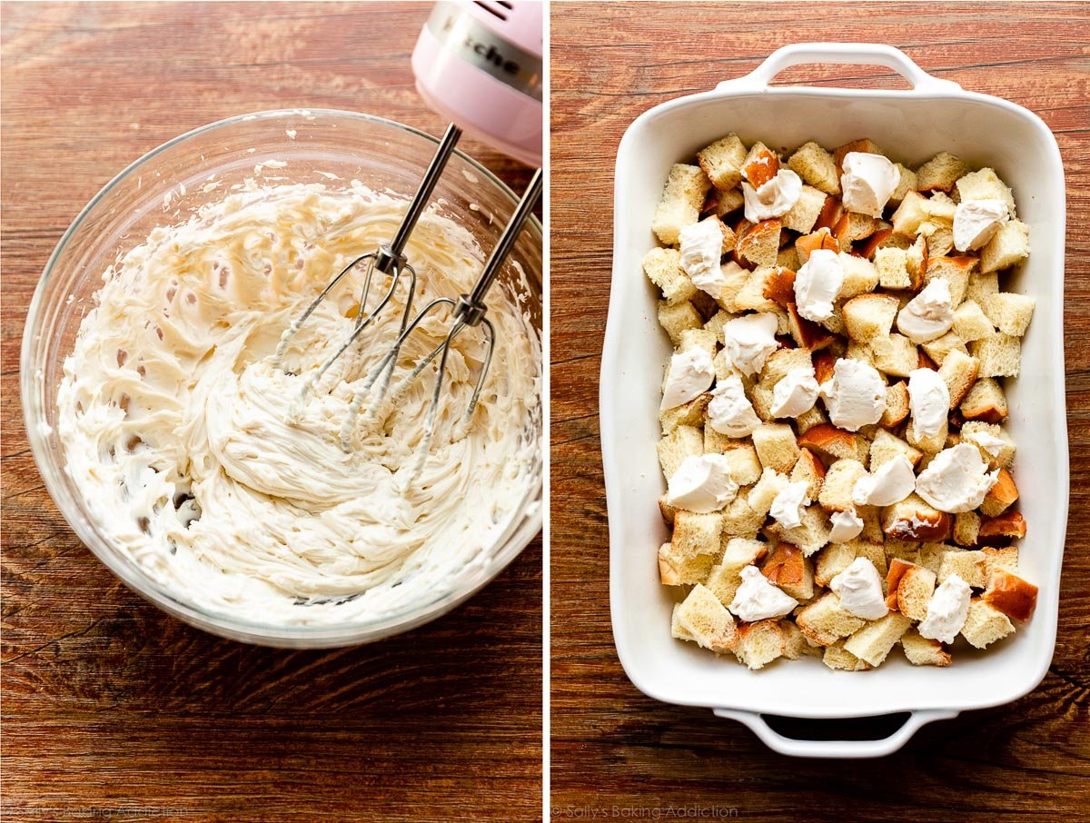 cream cheese mixture in glass bowl and spooned onto bread cubes