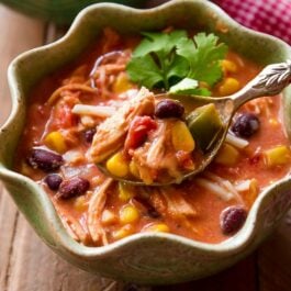 chicken chili in a green bowl with a spoon