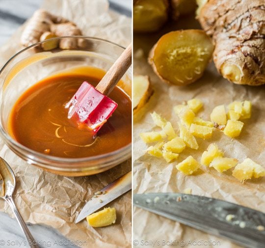 2 images of peanut sauce in a glass bowl and diced fresh ginger