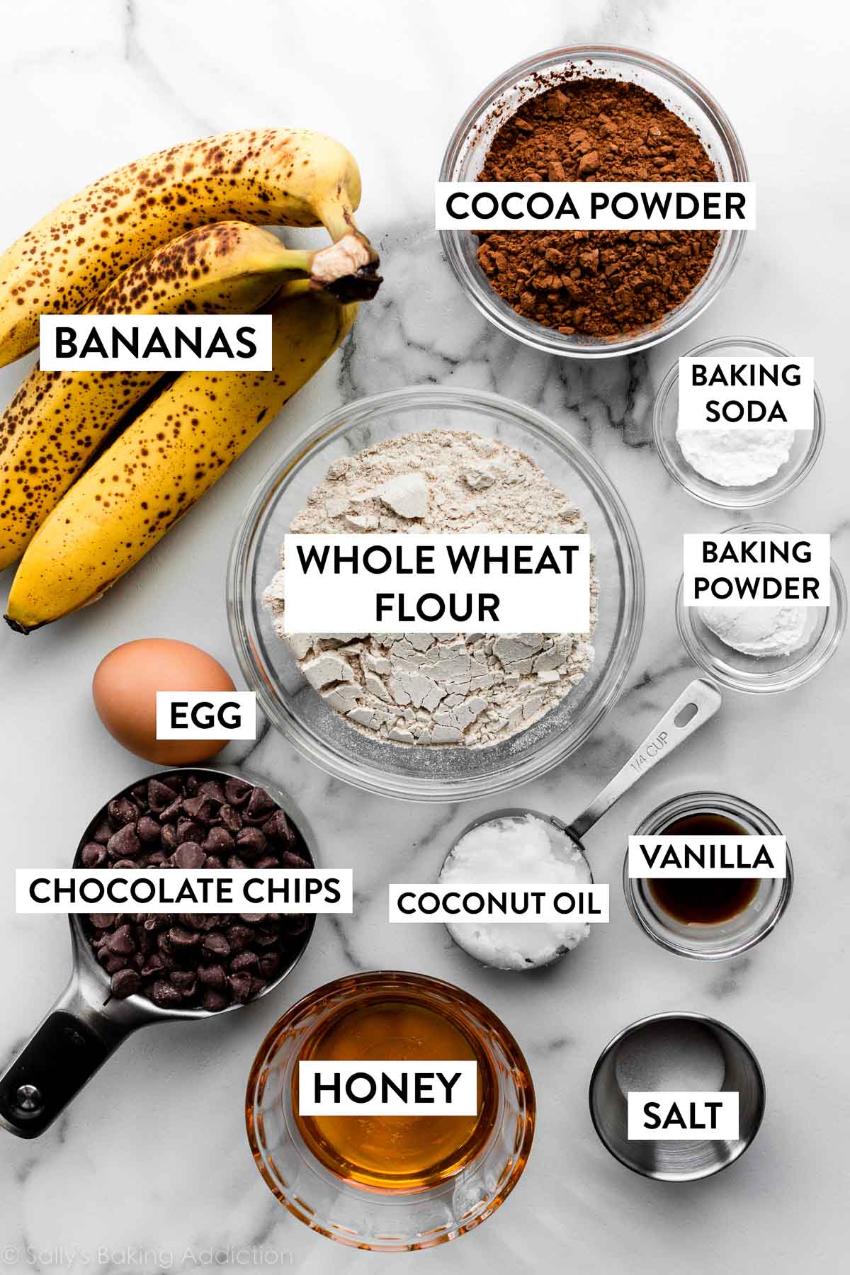 whole wheat flour, cocoa powder, coconut oil, vanilla, honey, salt, egg and other ingredients on marble counter.