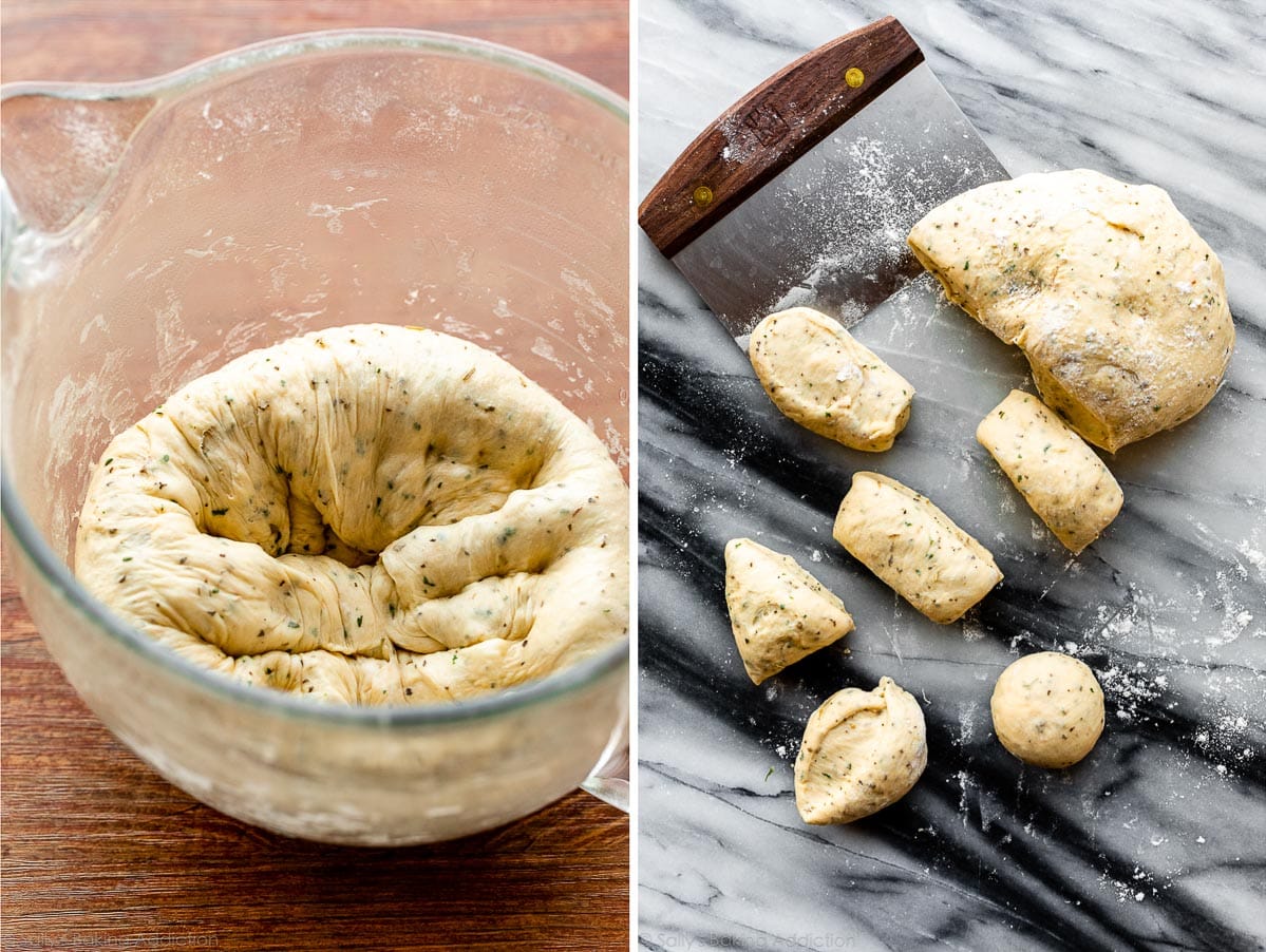 dough punched down in bol and divided to shape into rolls