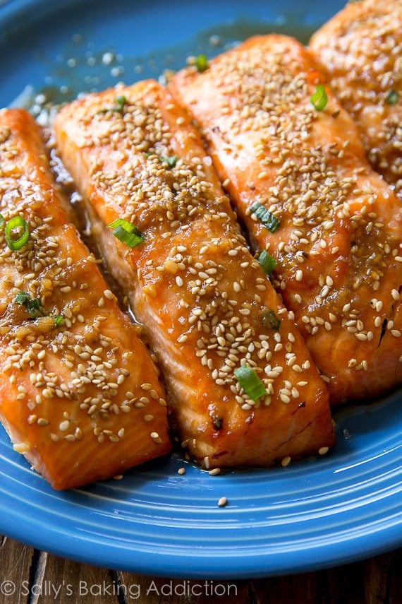 easy maple sesame salmon on a blue plate