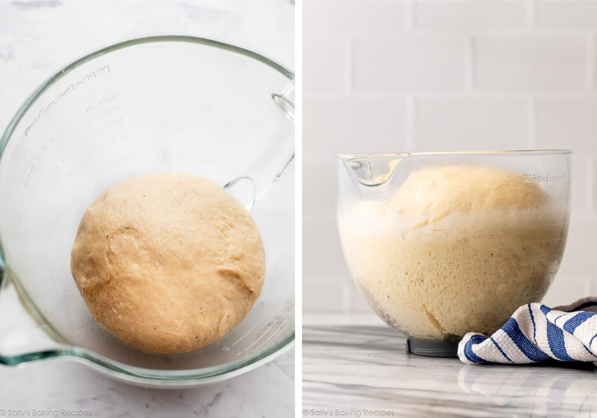 dough in glass bowl and shown again after rising.