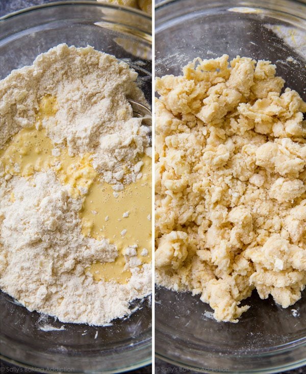 2 images of fruit tart dough mixture before and after adding heavy cream in glass bowls