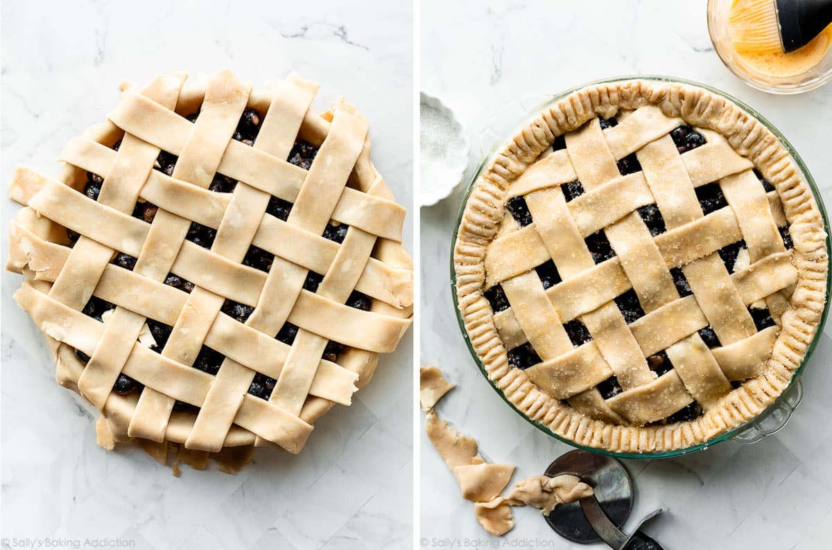 lattice-style pie dough top with crimped edges and egg wash applied.