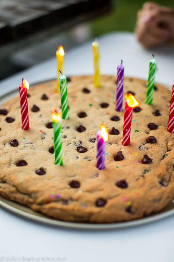 chocolate chip cookie pizza with candles