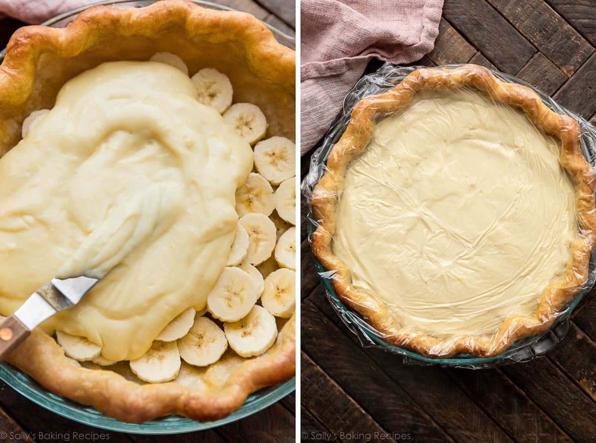 pudding being spread over banana slices in baked pie crust and shown again with plastic wrap overtop.