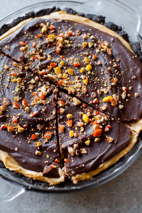 overhead image of peanut butter pie in a glass baking dish