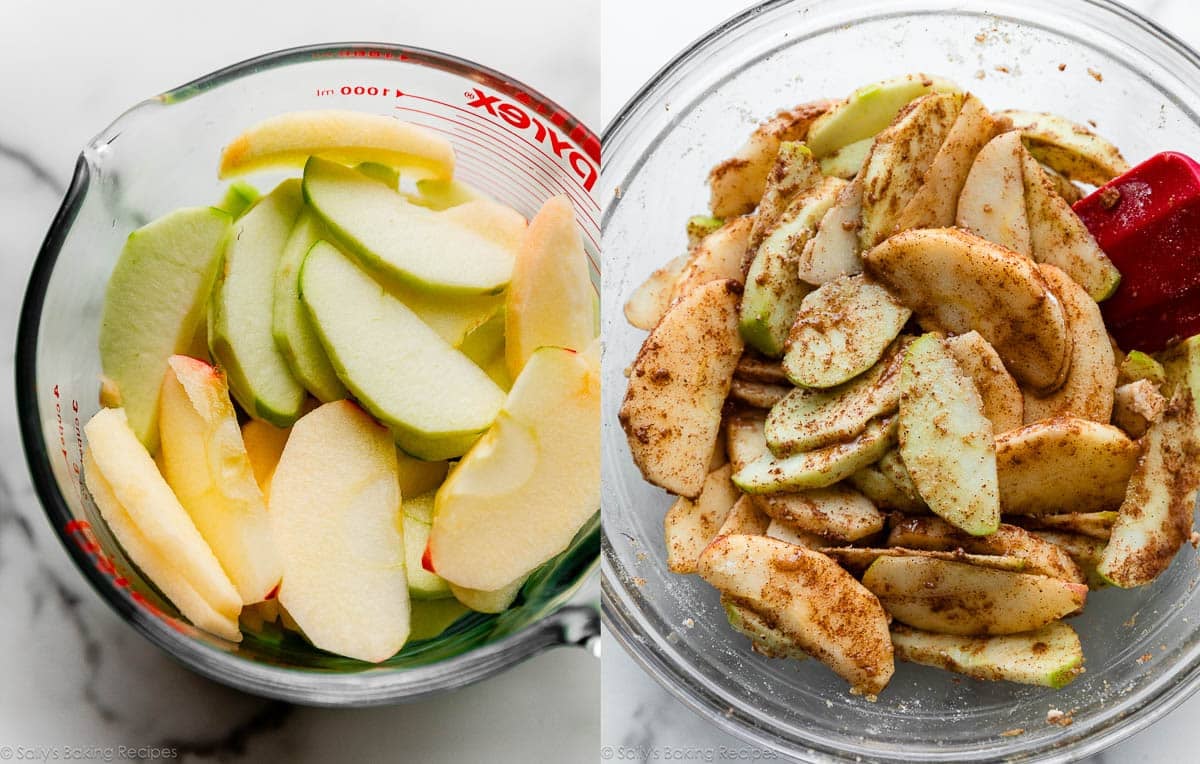 apple slices in bowl and shown again mixed with cinnamon and spices.