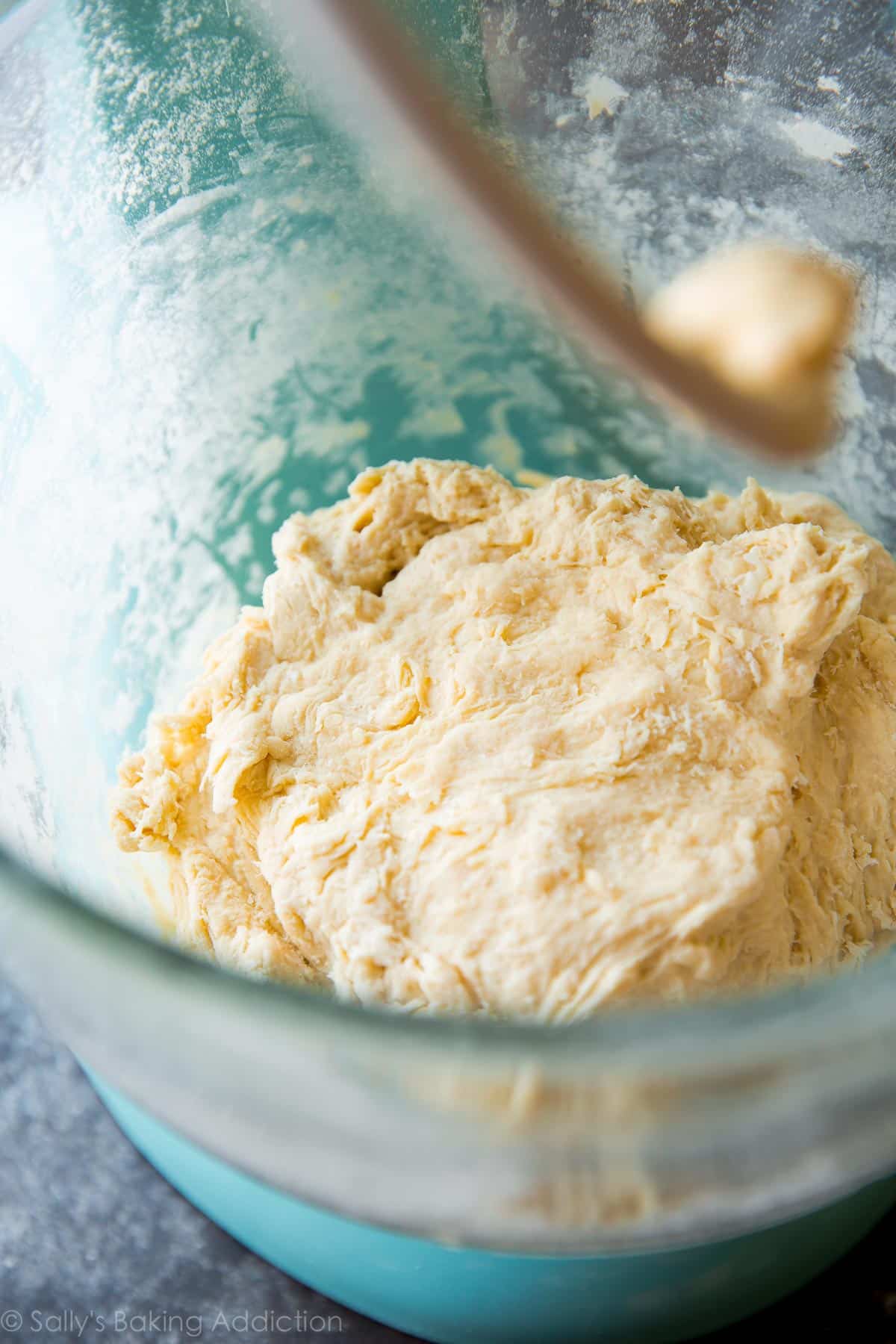 pretzel dough in a glass stand mixer bowl