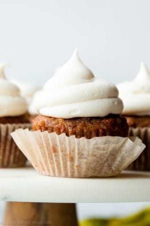 Cream cheese frosting on carrot cake cupcake