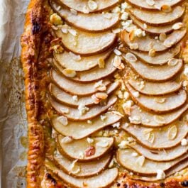 overhead image of honey pear tart after baking