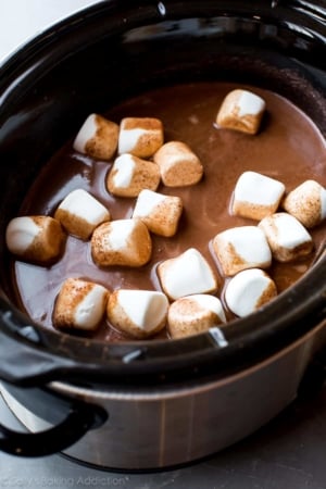 hot chocolate in a slow cooker with marshmallows