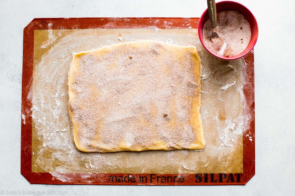 cinnamon roll cookie dough with cinnamon sugar filling on top