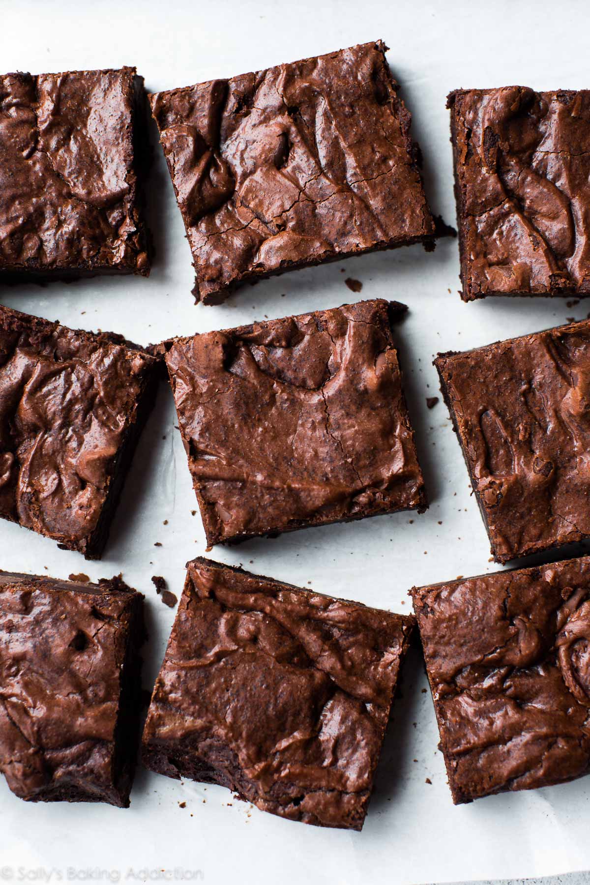 overhead image of fudgy brownies cut into squares