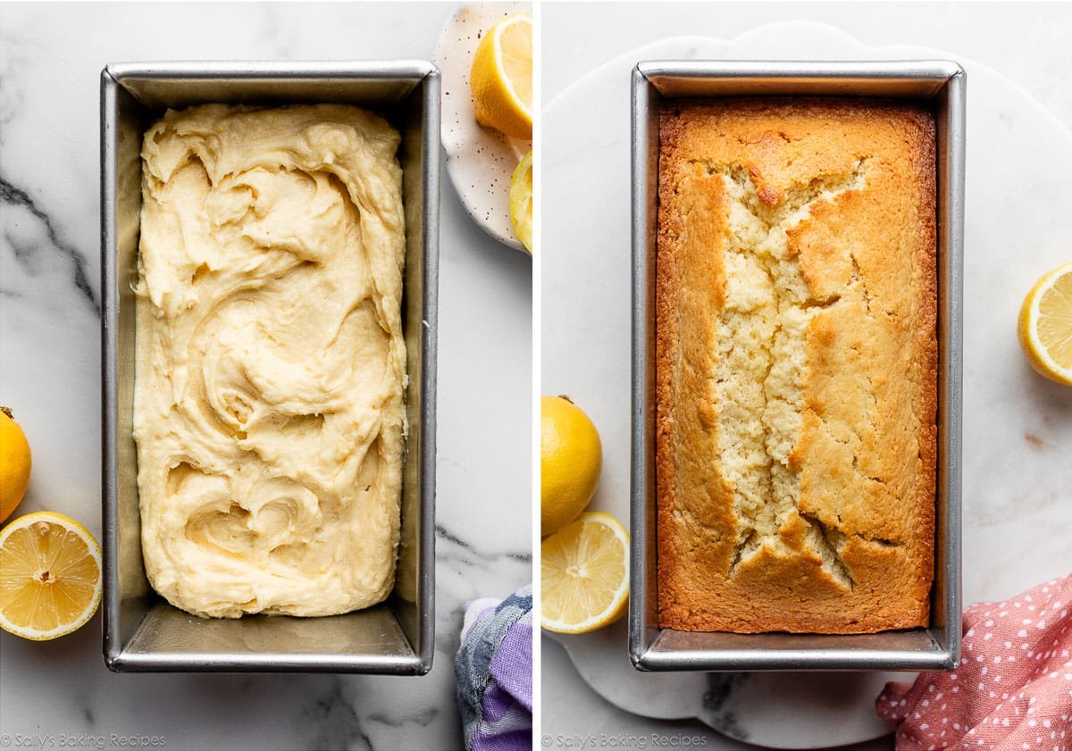 thick batter in loaf pan and shown again baked.