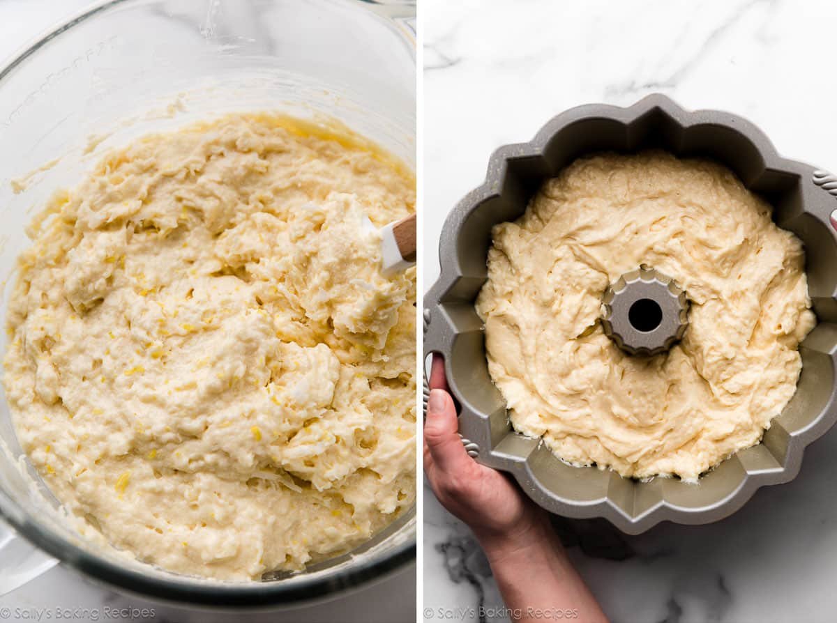 lemon coconut cake batter in bowl and shown again in Bundt pan.