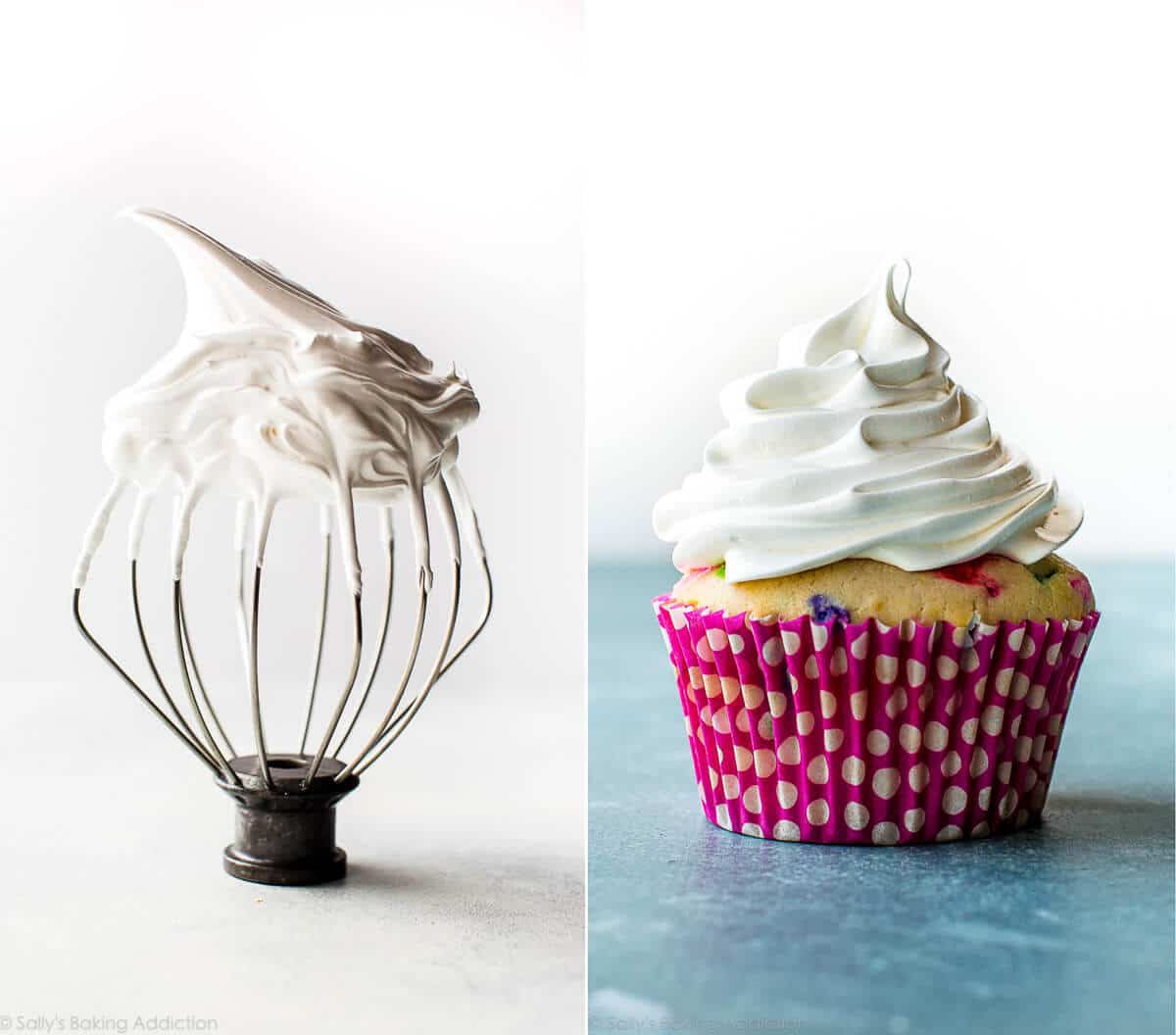 2 images of meringue frosting on a whisk attachment and piped onto sprinkle cupcake