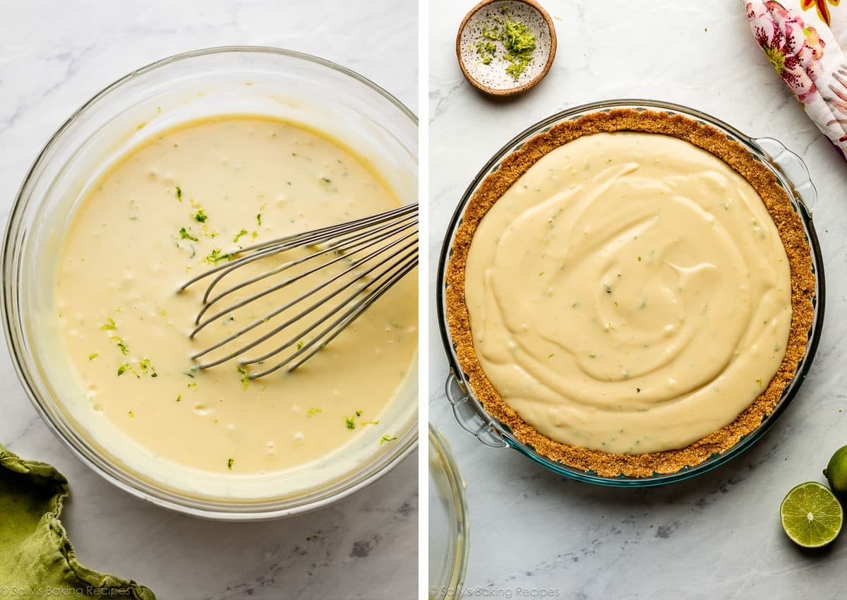 custardy filling in glass bowl and shown again spread in graham cracker crust.