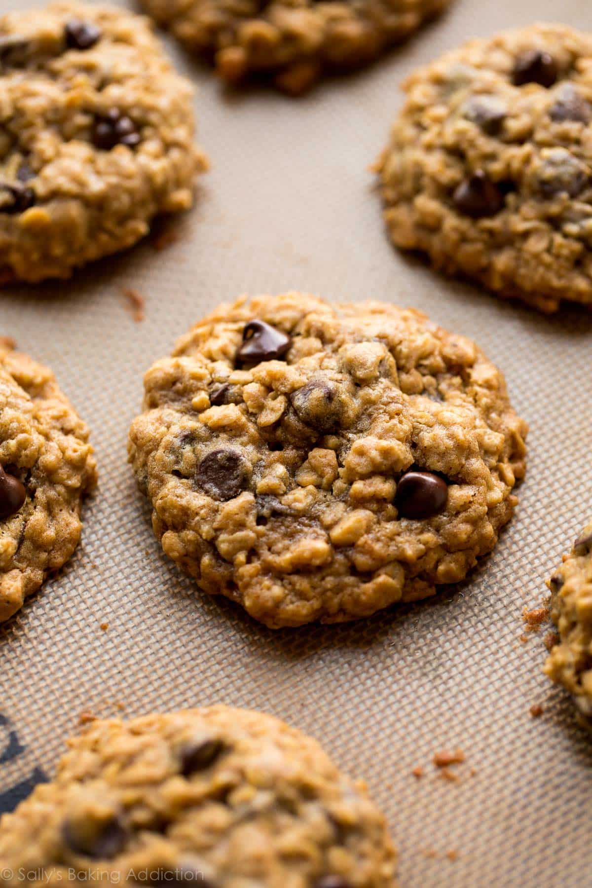 oatmeal chocolate chip cookies on a silpat baking mat