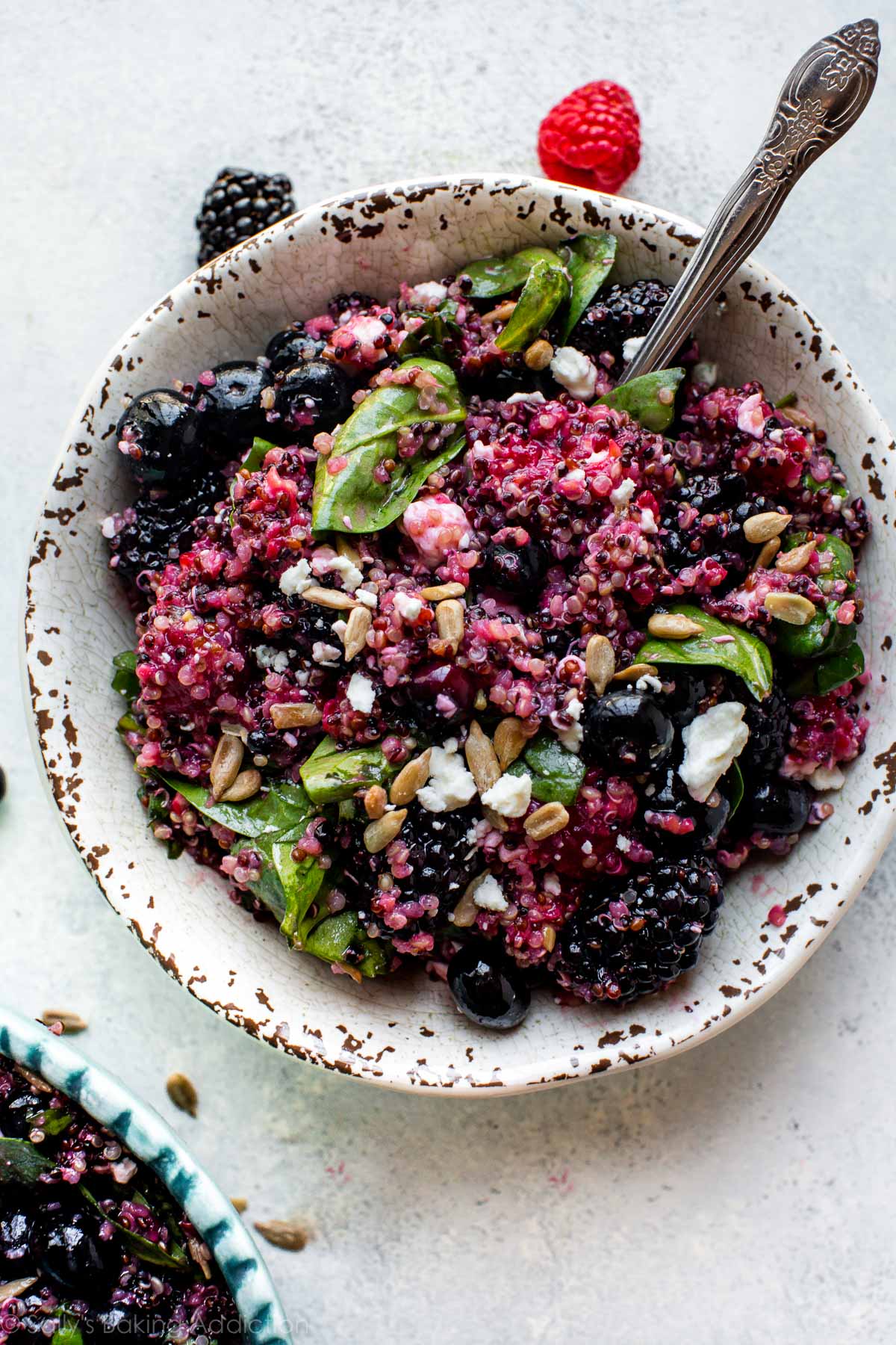 serving of berry quinoa salad in a ceramic bowl with a spoon