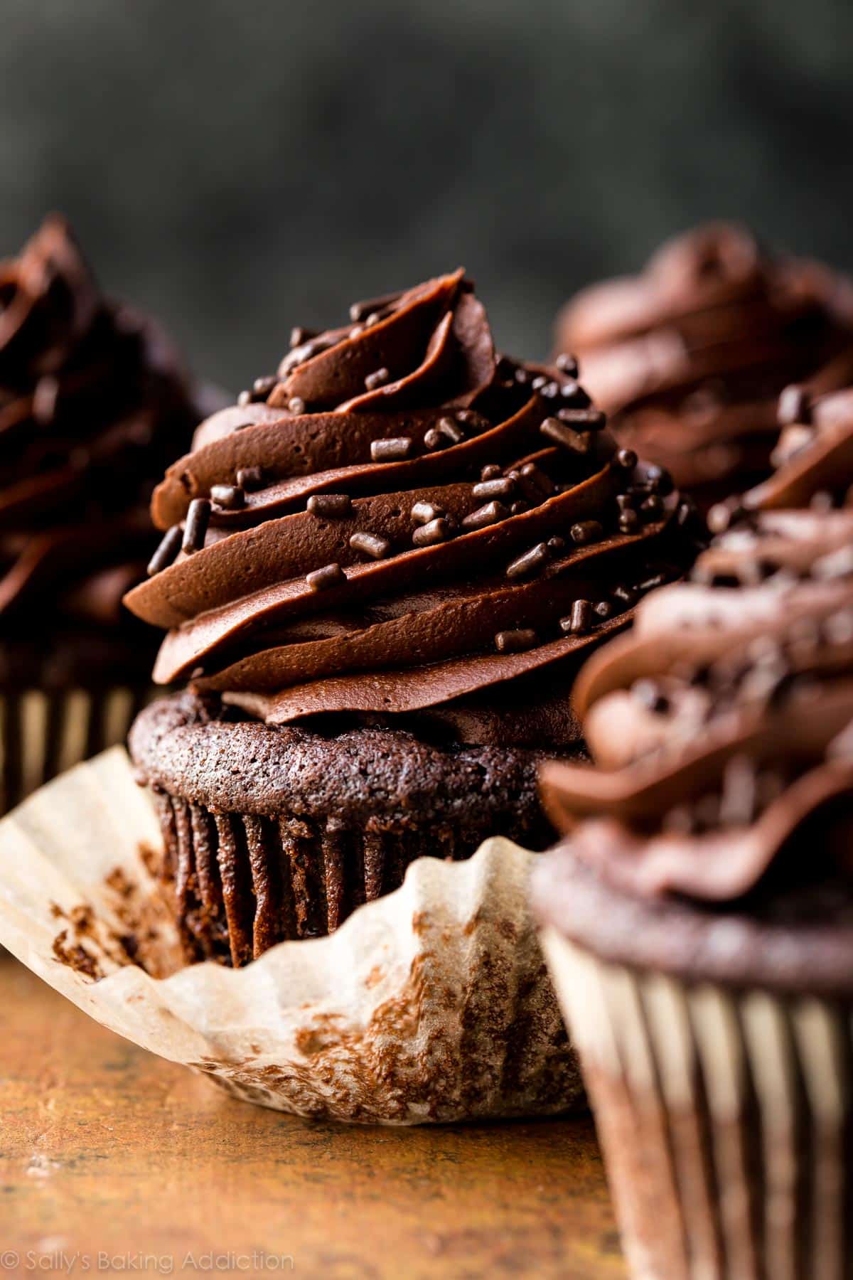 chocolate cupcakes topped with chocolate buttercream and chocolate sprinkles