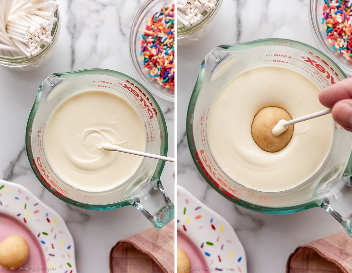 dipping cake ball into white chocolate.