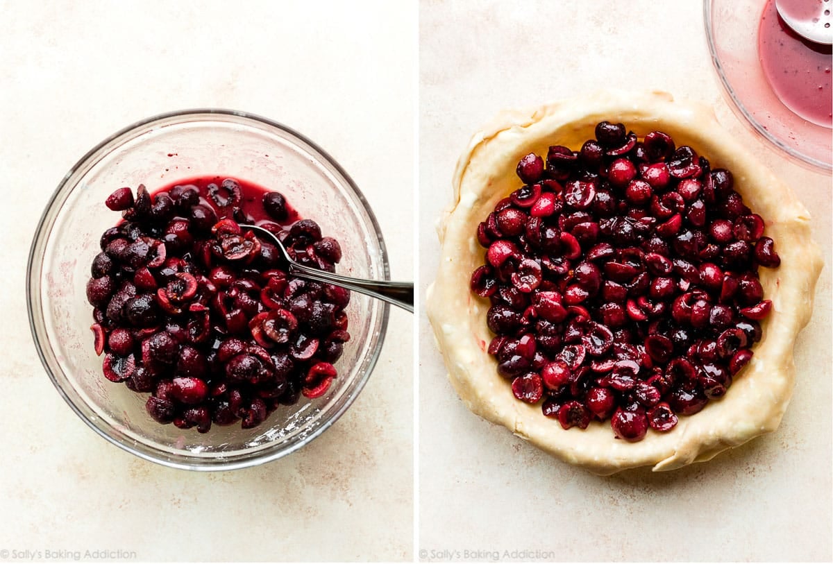 cherry pie filling in a bowl and spooned into the dough