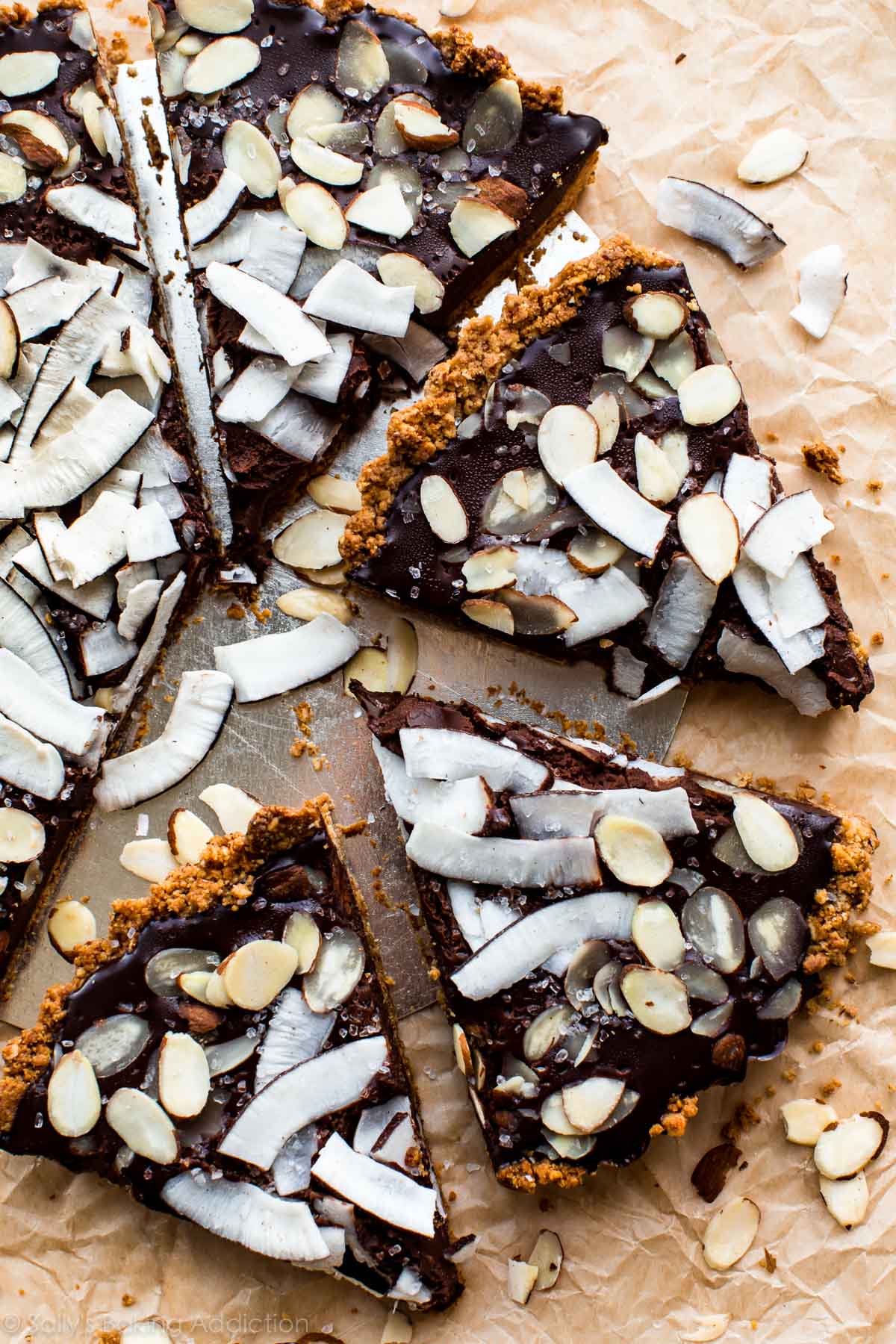 slices of chocolate coconut almond tart