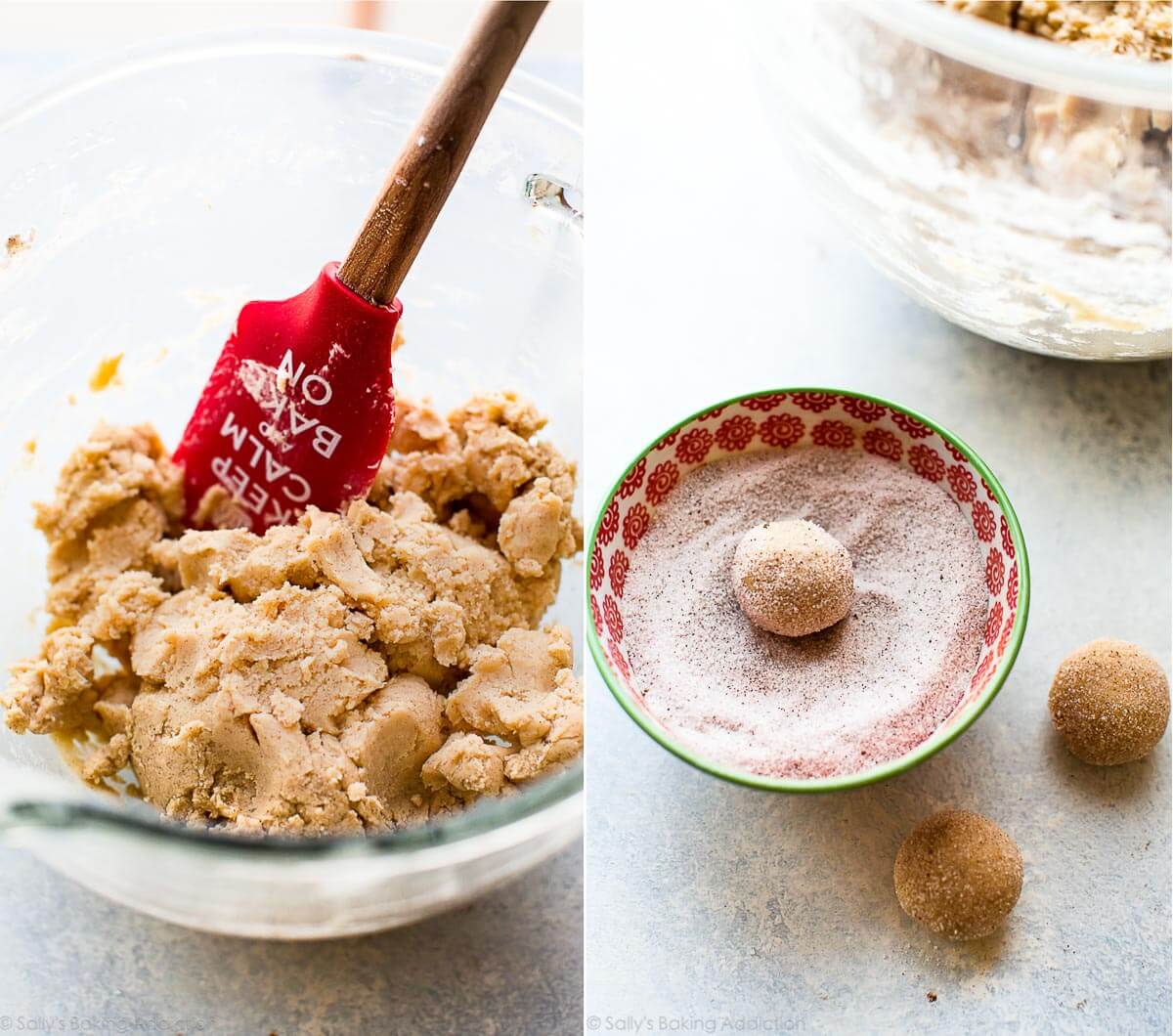 cookie dough in a glass bowl and a bowl of spices and sugar with cookie dough balls