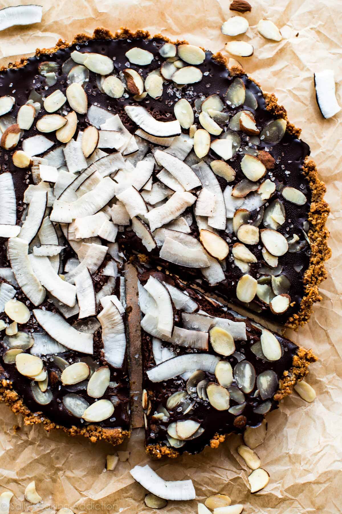 overhead image of chocolate coconut almond tart