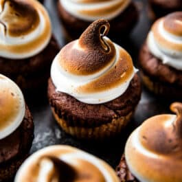 smores brownie cupcakes with toasted marshmallow creme frosting