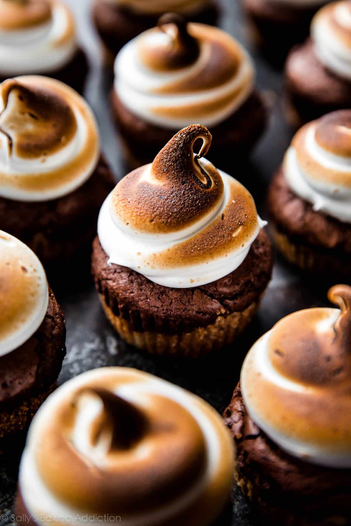 smores brownie cupcakes with toasted marshmallow creme frosting