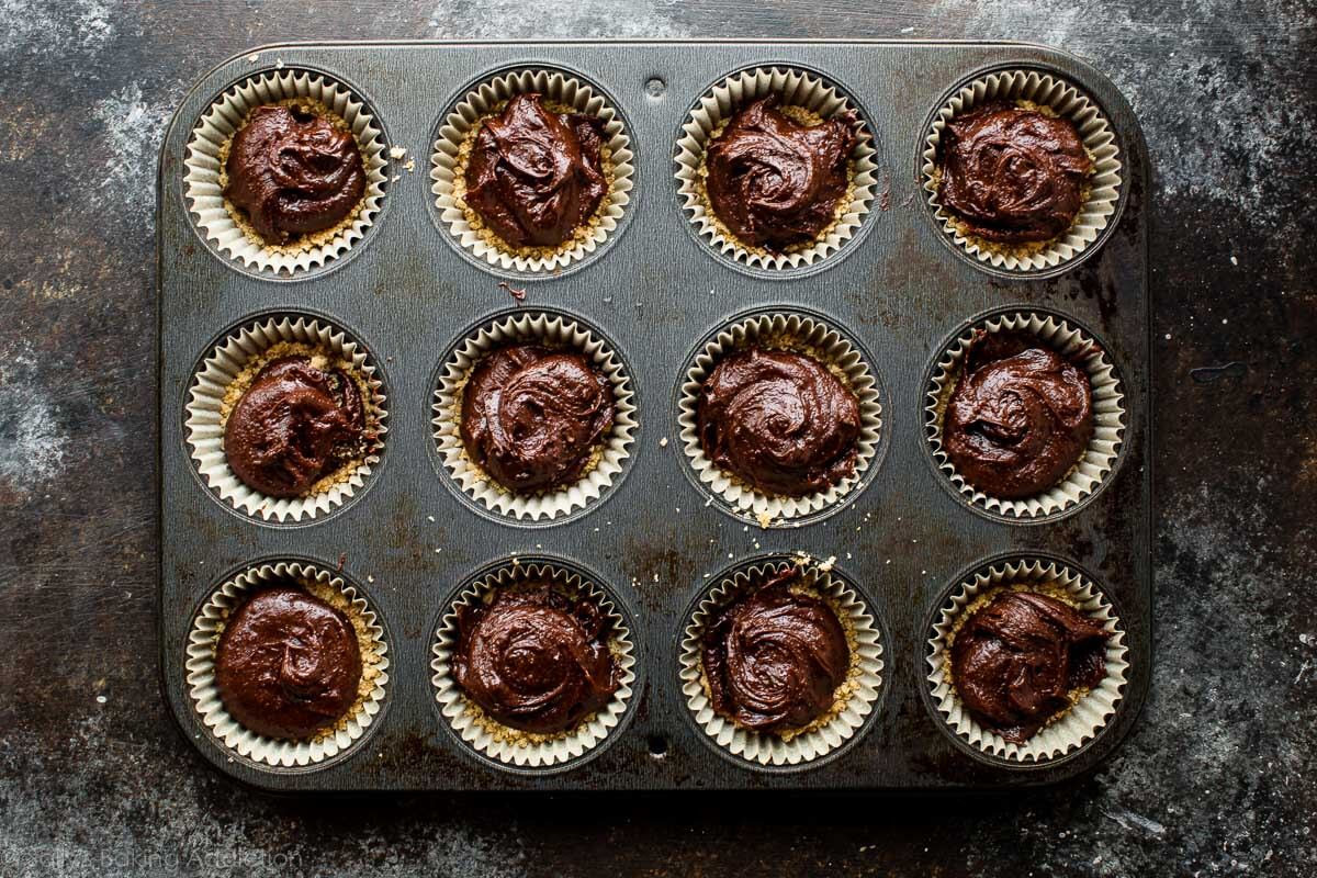 brownie cupcake batter in a cupcake pan before baking