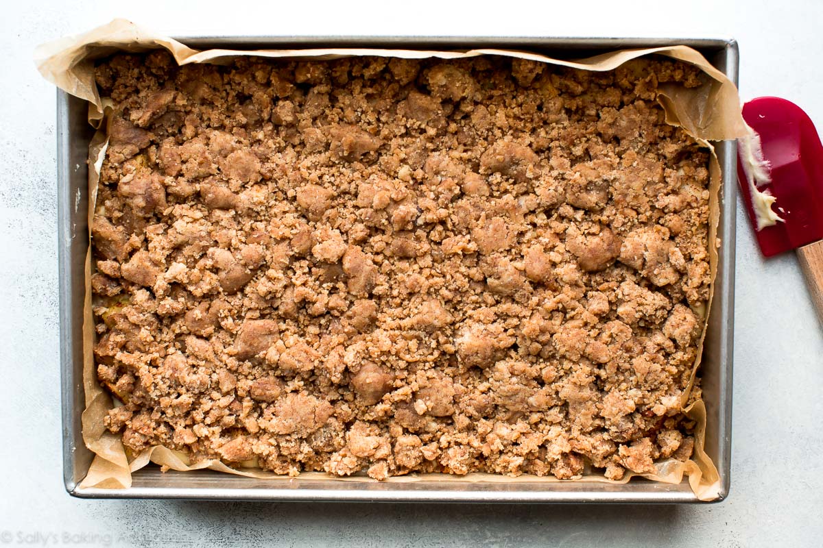 apple crumb cake in a 9x13 pan after baking