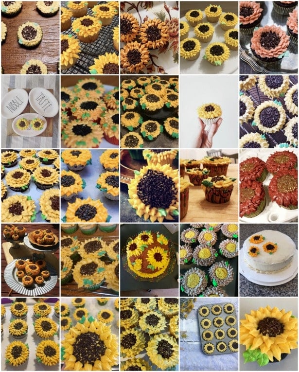 collage of sunflower cupcake images