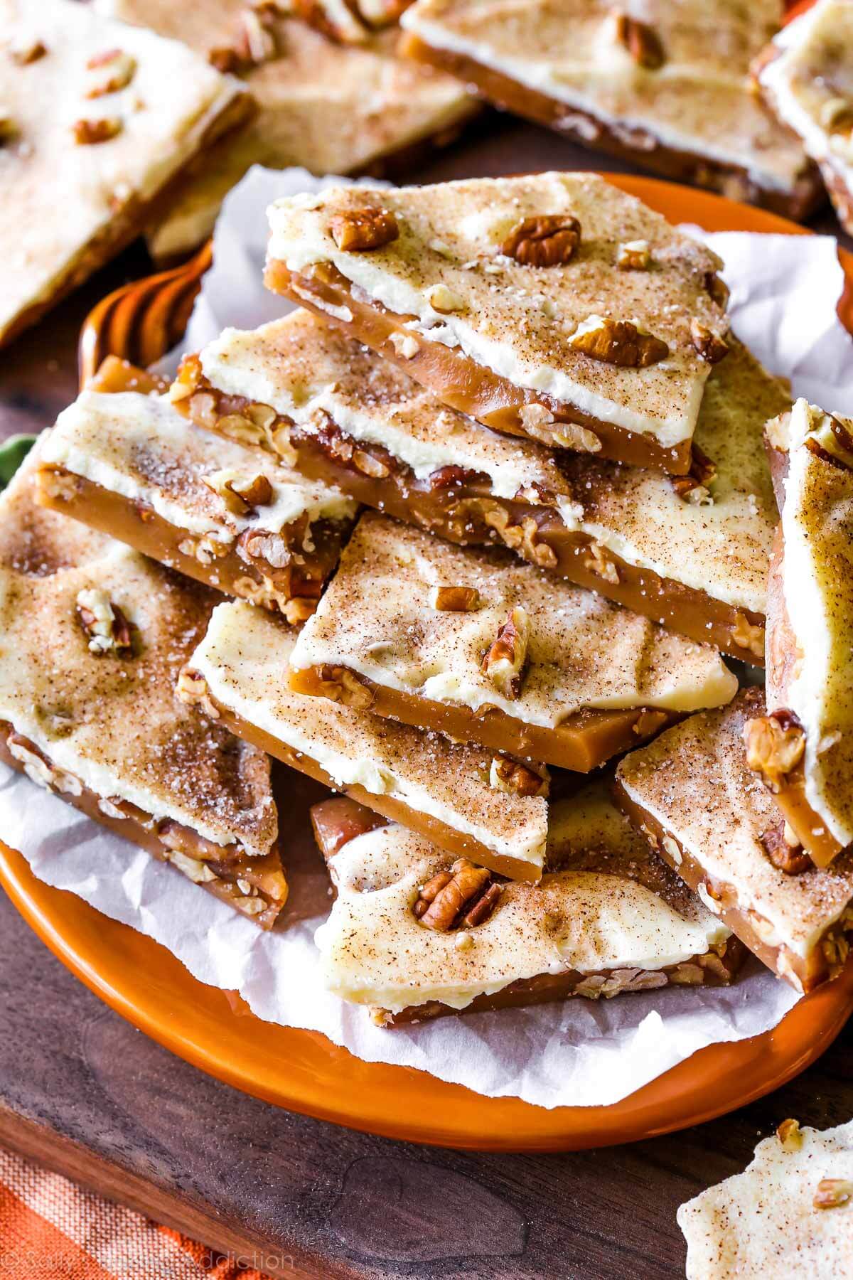 pumpkin spice toffee on an orange plate