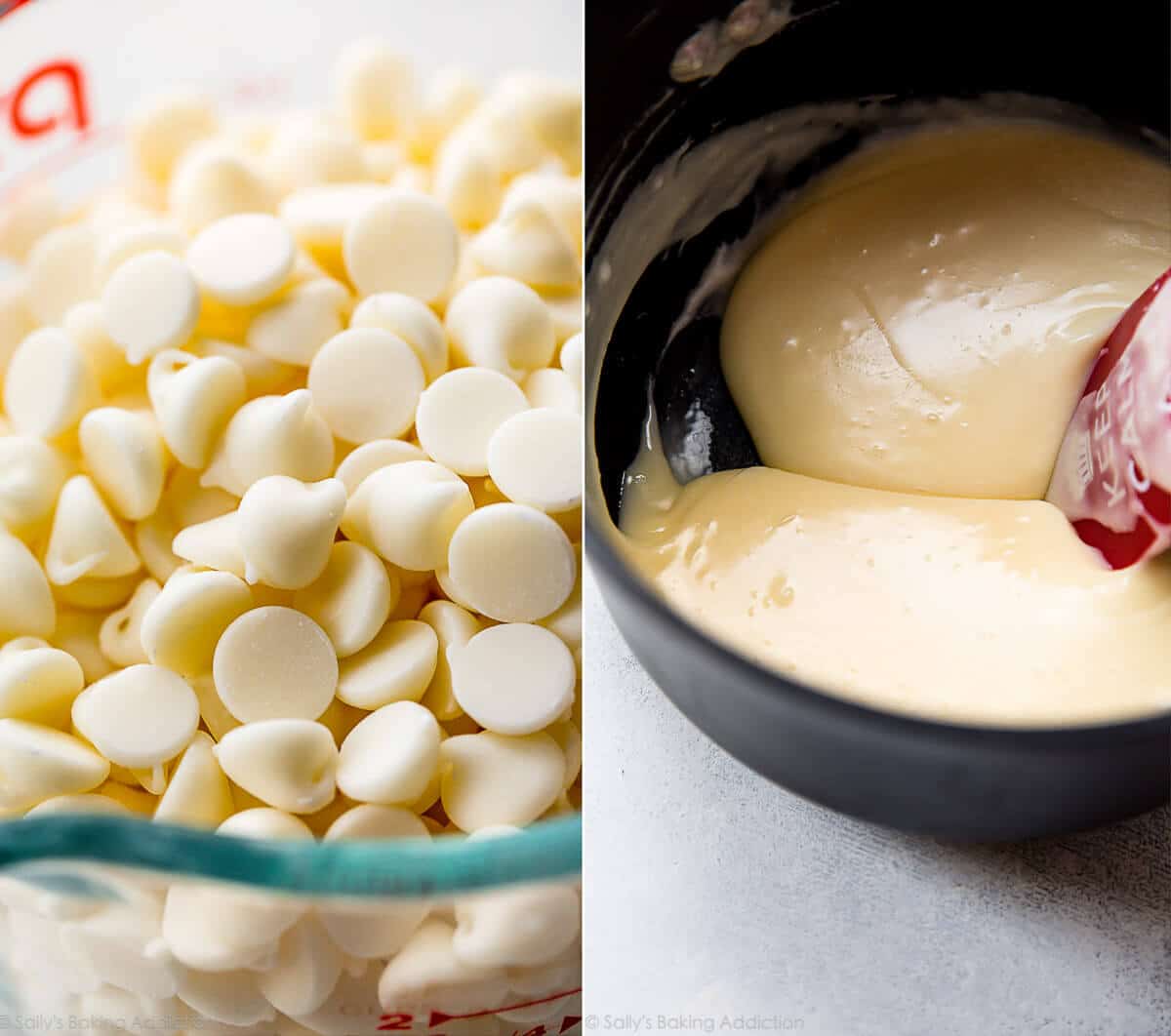 2 images of white chocolate chips in a glass bowl and melted white chocolate mixture in a saucepan