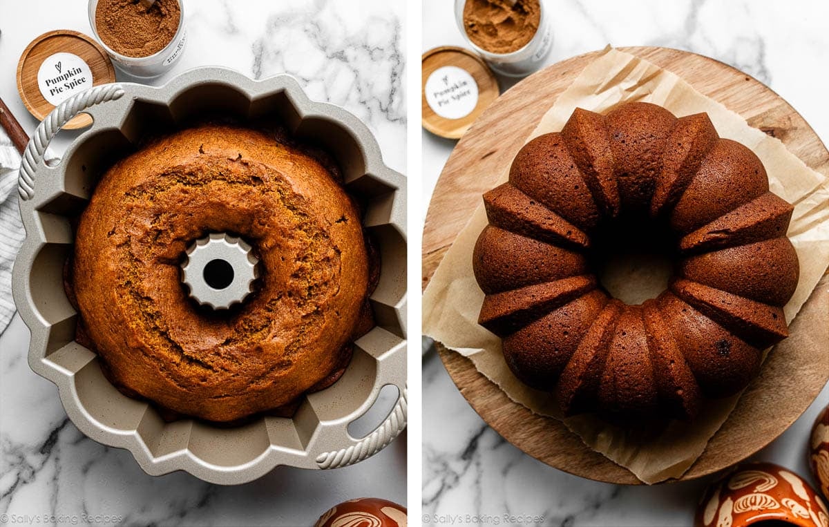 cake in pan and flipped over on wooden cake stand.